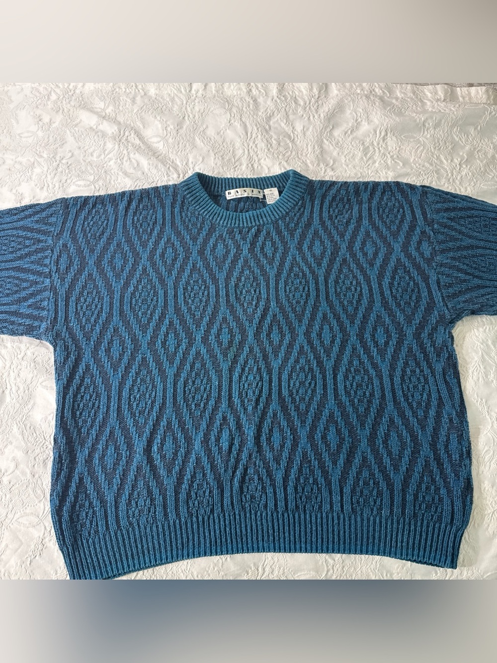 Vintage Fenn Wright Manson Basix Heavyweight Cable Knit Sweater Geometric Blue M